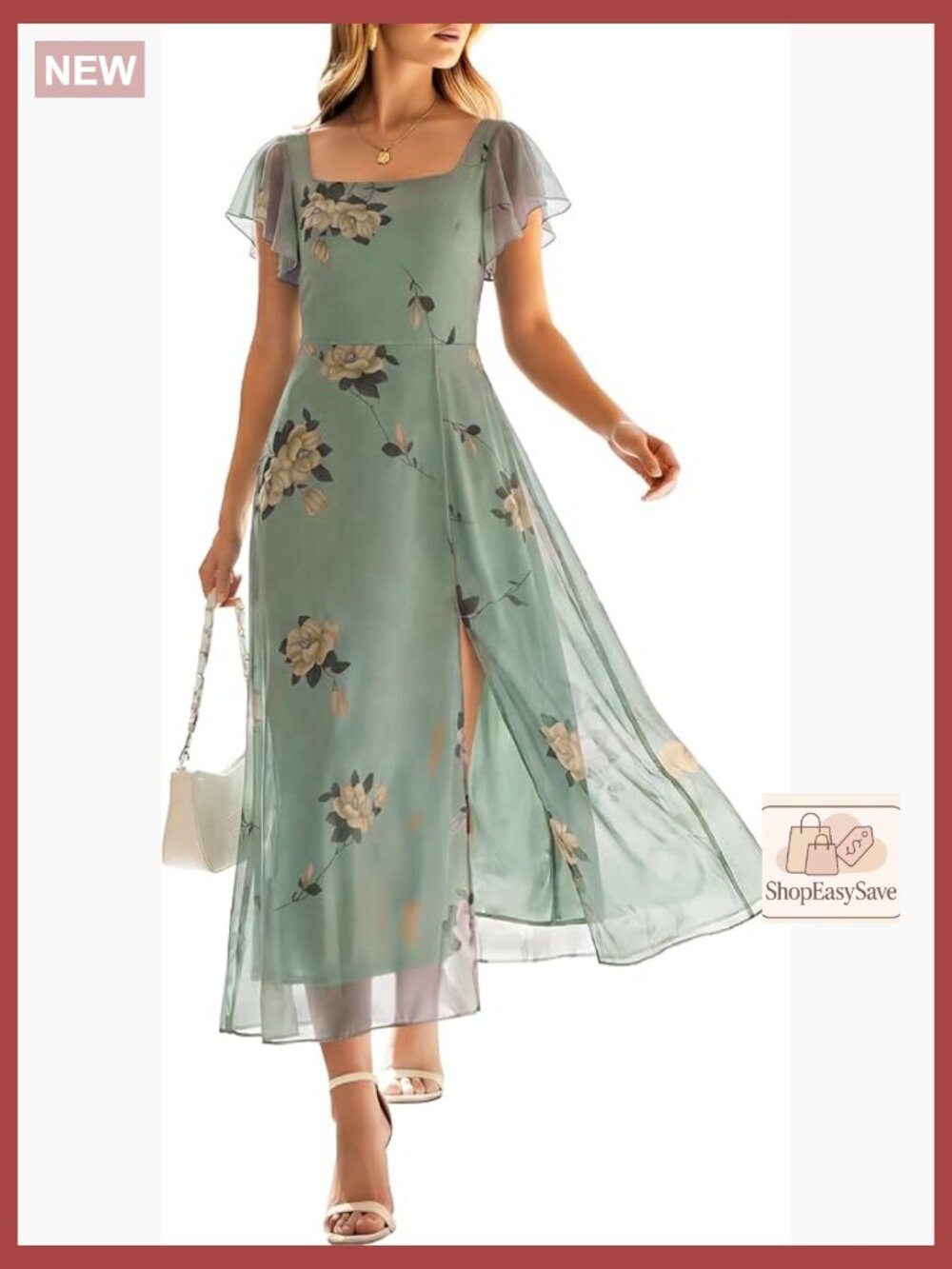 Floral Tulle Midi Dress Square Neck Ruffle Sleeve Elegant Wedding Guest Formal